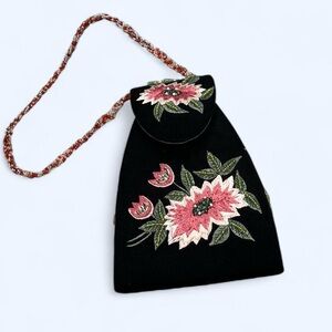 🥠 Asian Black Velvet Fortune Cookie Opening Pink Beaded Embroidered Y2K Mini Bag